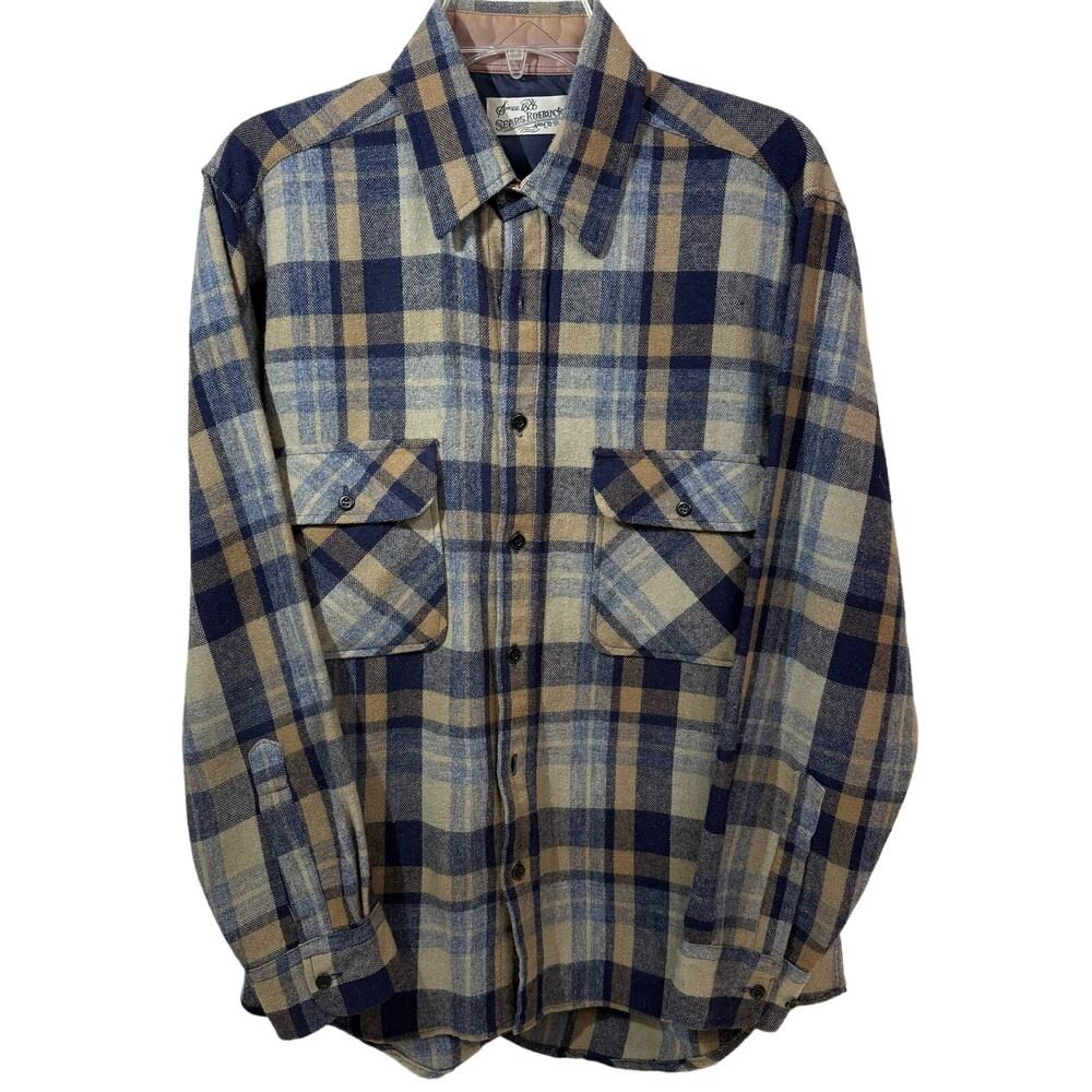 Vintage Sears Roebuck Plaid Shirt Woolโ Blend Button Western Work Outdoors Med